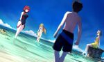  1boy 3girls absurdres animal_ears beach blonde_hair blurry blurry_foreground cat_ears dress grey_hair highres long_hair looking_at_another male_swimwear multiple_girls mythra_(radiant_beach)_(xenoblade) mythra_(xenoblade) nia_(fancy_sundress)_(xenoblade) nia_(xenoblade) ocean official_alternate_costume one-piece_swimsuit poteto_(potetosarada123) pyra_(pro_swimmer)_(xenoblade) pyra_(xenoblade) red_hair rex_(cloud_sea_shark)_(xenoblade) rex_(xenoblade) short_hair sitting smile standing sundress swim_trunks swimsuit tiara water xenoblade_chronicles_(series) xenoblade_chronicles_2 