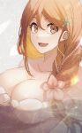  1girl bikini bleach breasts brown_eyes brown_hair cleavage gem hair_ornament hairpin highres inoue_orihime large_breasts long_hair looking_at_viewer open_mouth pearl_(gemstone) solo sumire_1046 swimsuit 