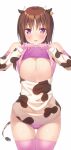  1girl animal_print bare_shoulders blush breasts brown_hair clothes_lift cow_horns cow_print cow_tail detached_sleeves gloves hagino_chiaki highres hinako_note horns kazuma_(kazumav) large_breasts lifted_by_self looking_at_viewer panties pink_eyes pink_gloves pink_panties pink_thighhighs simple_background smile solo tail thighhighs underwear white_background 
