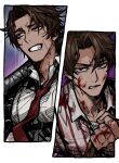  1boy an_dam_limb baseball_bat blood brown_hair clenched_teeth heathcliff_(limbus_company) limbus_company male_focus necktie project_moon purple_eyes shirt solo teeth white_shirt 