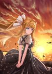  1girl absurdres air_(visual_novel) arms_behind_back backlighting black_dress black_feathers blonde_hair blue_eyes bow closed_mouth commentary dress eyelashes falling_feathers feathers floating_hair hair_between_eyes hair_bow highres kamio_misuzu light_particles long_dress long_hair looking_at_viewer looking_back ocean orange_sky outdoors own_hands_together ponytail puffy_short_sleeves puffy_sleeves school_uniform shailiar shirt short_sleeves sidelocks sky smile solo sparkle sun sunset white_bow white_shirt 
