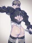  1boy an_chovy ass back bara black_blindfold blindfold brown_hair clothing_cutout cosplay feather-trimmed_sleeves feather_trim highres holding holding_knife holding_weapon juliet_sleeves knife large_pectorals leon_s._kennedy leotard long_sleeves male_focus muscular muscular_male nier:automata nier_(series) pectorals puffy_sleeves resident_evil resident_evil_4 short_hair simple_background solo thighs thong_leotard weapon white_leotard yorha_no._2_type_b yorha_no._2_type_b_(cosplay) 