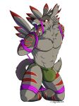  abs anthro arms_tied bandai_namco bdsm bound bulge clothing colfaxwulffy digimon digimon_(species) fur grey_body grey_fur hi_res jockstrap male muscular muscular_anthro muscular_male nipples open_mouth pecs rope solo underwear weregarurumon 