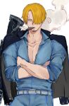  1boy alternate_costume alternate_weapon blonde_hair bored cigar collared_shirt cowboy_shot crossed_arms curly_eyebrows denim goatee_stubble hair_over_one_eye half-closed_eyes highres jeans male_focus mustache_stubble nine_hundred one_piece pants pectoral_cleavage pectorals sanji_(one_piece) shirt short_hair smoking solo weapon 