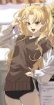  1girl alternate_costume black_shorts blonde_hair blurry blurry_background brown_sweater casual commentary_request ereshkigal_(fate) fate/grand_order fate_(series) forehead hair_ribbon hand_on_own_hip highres long_hair long_sleeves looking_at_viewer micro_shorts open_mouth parted_bangs piyo_(kyyla) red_eyes ribbon shirt shorts smile solo sweater teeth two_side_up upper_teeth_only v white_shirt 
