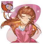  1girl blossom_(ppg) brown_hair closed_eyes closed_mouth derivative_work highres long_hair long_sleeves mato-c multiple_views pajamas pink_background pink_pajamas powerpuff_girls smile sparkle wavy_hair white_background 