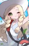  1girl absurdres armpits bag blonde_hair blunt_bangs braid closed_mouth cloud cloudy_sky dress duffel_bag falling_leaves green_eyes hands_on_headwear hands_up hat highres kurumiya_(krmy_p) leaf lillie_(pokemon) long_hair one_eye_closed pokemon pokemon_(game) pokemon_sm sky sleeveless sleeveless_dress smile sun_hat sundress twin_braids white_dress white_headwear 