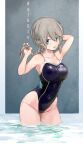  1girl absurdres black_one-piece_swimsuit braid breasts cerauniae character_request collarbone commentary_request competition_swimsuit copyright_request green_eyes grey_hair highleg highleg_swimsuit highres holding holding_hair large_breasts long_hair looking_at_viewer multicolored_clothes multicolored_swimsuit one-piece_swimsuit single_braid solo swimsuit wading water 