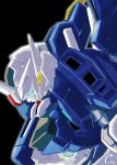  absurdres aqua_eyes black_background commentary from_above gundam gundam_aerial_rebuild gundam_suisei_no_majo highres kuroiwa_cookie mecha mobile_suit no_humans robot science_fiction signature solo upper_body v-fin 