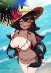  1girl animal_ear_fluff animal_ears bare_shoulders beach bikini black_choker black_hair black_jacket blue_sky blush breasts choker cleavage cloud collarbone day ears_through_headwear flipped_hair front-tie_bikini_top front-tie_top hair_between_eyes hair_ornament hairclip hat highres hololive jacket kani_bonara large_breasts leaf_print long_hair looking_at_viewer maple_leaf_print multicolored_hair navel official_alternate_costume ookami_mio ookami_mio_(summer_vacation) open_mouth outdoors print_bikini red_hair side-tie_bikini_bottom skindentation sky smile solo spiked_hair straw_hat streaked_hair swimsuit tail tail_around_own_leg tail_wrap two-sided_fabric two-sided_jacket virtual_youtuber white_bikini wolf_ears wolf_girl wolf_tail yellow_eyes 