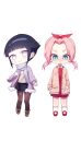  2girls absurdres alternate_costume alternate_hairstyle black_hair blue_eyes blunt_bangs blush bow brown_jacket chibi dress full_body hair_bow haruno_sakura highres hyuuga_hinata ille_(xcpa7325) jacket long_sleeves looking_at_viewer multiple_girls naruto naruto_(series) open_clothes open_jacket pantyhose pink_hair purple_eyes purple_jacket red_bow red_dress scarf shirt short_hair skirt smile socks tears twintails white_background white_socks 