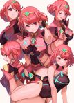  1girl absurdres blush breasts chest_jewel earrings expressions fingerless_gloves gem gloves headpiece highres jewelry large_breasts looking_at_viewer multiple_views one_eye_closed open_mouth pyra_(pro_swimmer)_(xenoblade) pyra_(xenoblade) red_eyes red_hair saburou_(jako) short_hair shorts smile swept_bangs tiara xenoblade_chronicles_(series) xenoblade_chronicles_2 