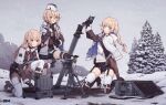  2b14_(girls&#039;_frontline) 2b14_podnos 3girls ammunition binoculars black_gloves black_shorts blonde_hair blue_capelet blue_eyes bodysuit boots braid brown_bodysuit brown_footwear brown_jacket brown_sleeves brown_sweater capelet character_name closed_mouth detached_sleeves emblem full_body fur-trimmed_boots fur-trimmed_capelet fur_trim garrison_cap garter_straps girls&#039;_frontline glasses gloves green_eyes gun hair_over_shoulder handgun hat high_heel_boots high_heels highres holding holding_binoculars holster holstered hood hooded_capelet jacket knee_boots long_hair long_sleeves low_twintails mortar_(weapon) mortar_shell multiple_girls official_art open_mouth outdoors pine_tree red_eyes reloading ribbed_sweater round_eyewear shorts single_braid skindentation snap-fit_buckle snow snowing suitcase sweater terminal terras thigh_boots thigh_strap thighhighs thighhighs_under_boots tree twin_braids twintails two-sided_capelet weapon weapon_case white_capelet white_headwear white_thighhighs winter_clothes 