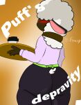  anthro apron beverage big_butt blush bovid butt caprine clothing coffee collar comic cover cover_art cover_page fluffy fluffy_tail frenchybaguette fur hair hair_over_eyes hi_res male mammal nervous puff_(frenchybaguette) rear_view serving_tray sheep solo tail thick_thighs tight_clothing waiter wide_hips wool_(fur) 