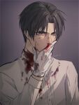  1boy artist_name black_hair bleeding blood blood_on_clothes blood_on_face blood_on_gloves blue_hair bright_pupils chromatic_aberration covering_mouth cuts film_grain gloves grey_background hand_over_own_mouth heshikiri_hasebe highres injury llxxxhhxxxll long_sleeves looking_at_viewer male_focus nosebleed parted_bangs shirt short_hair simple_background solo torn_clothes touken_ranbu upper_body white_gloves white_pupils white_shirt 