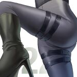  1girl absurdres ass blue_archive boots high-waist_pants high_heel_boots high_heels highres khoaphan96 leg_up lower_body mina_(blue_archive) pants simple_background skin_tight snap-fit_buckle solo thigh_focus thigh_strap thighs tight_clothes tight_pants white_background 