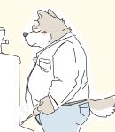  2023 anthro belly blush bodily_fluids bottomwear canid canine canis clothing domestic_dog fugashi4090 genital_fluids genitals kemono male mammal necktie overweight overweight_male pants peeing penis shirt solo topwear urine 