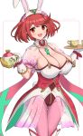  1girl :d absurdres adapted_costume animal_ears ass_visible_through_thighs breasts chest_jewel cleavage collarbone corset covered_navel cup dangle_earrings earrings gloves gonzarez highres jewelry large_breasts looking_at_viewer pantyhose pink_pantyhose pyra_(xenoblade) rabbit_ears rabbit_tail red_eyes red_hair see-through see-through_skirt see-through_sleeves short_hair simple_background skindentation skirt smile spaghetti_strap star_(symbol) star_print swept_bangs tail tea_set teacup teapot thigh_gap tiara xenoblade_chronicles_(series) xenoblade_chronicles_2 