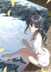  1girl ass black_hair blue_eyes braid breasts cleavage closed_mouth clothes_pull dress dress_pull feet hair_ornament hairclip highres large_breasts light_smile long_hair looking_at_viewer looking_to_the_side pond pulled_by_self rabbit_hair_ornament raiz_art_works reflection reflective_water sakurajima_mai seishun_buta_yarou stone_floor thighs twitter_username water white_dress 