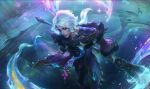  1boy aurora closed_mouth coat deer english_commentary floating frozen_lake fur-trimmed_coat fur_trim holding holding_brush holding_weapon hwei_(league_of_legends) lake league_of_legends light_particles long_hair male_focus official_alternate_costume official_alternate_hairstyle official_art outdoors ponytail purple_coat purple_eyes smile snow snowflakes solo tree weapon white_hair winterblessed_hwei 