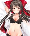  1girl bed black_bra black_panties blush bow bra breasts brown_hair collarbone detached_sleeves expressionless from_above hair_bow hair_tubes hakurei_reimu hands_up lingerie long_hair looking_at_viewer lying medium_breasts navel on_back on_bed panties red_bow red_eyes sakumin solo stomach touhou underwear underwear_only upper_body 