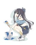  black_hair blue_ribbon bucket commentary frills hair_ribbon highres inoue_takina long_hair lycoris_recoil paint_on_body paint_on_clothes paintbrush ponytail ribbon shadow sidelocks skirt white_footwear yimilyee 