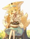  1girl animal_ears arknights bag basket black_cat blonde_hair blue_hairband blue_skirt blush brown_bag cardigan cat closed_mouth commentary crossover feet_out_of_frame fox_ears fox_girl fox_tail frilled_hairband frills grass green_eyes hair_ornament hair_scrunchie hairband heixiu kitsune kyuubi long_hair long_sleeves looking_down luoxiaohei mgmg_cc211 multicolored_hair multiple_tails neck_ribbon official_alternate_costume on_head open_cardigan open_clothes red_ribbon ribbon scrunchie shirt shoulder_bag simple_background sitting sitting_on_tree_stump skirt solo stitches suzuran_(arknights) suzuran_(spring_praise)_(arknights) tail the_legend_of_luo_xiaohei tree_stump two-tone_hair white_background white_hair white_shirt yellow_cardigan 