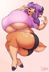  anthro antlers big_breasts bottomwear breasts brown_body brown_fur clothed clothing cloven_hooves curvy_figure deer doxxyl female fur gesture hair hi_res hooves horn huge_breasts hyper hyper_breasts mammal nipple_outline one_eye_closed purple_hair shorts smile solo sweater thick_thighs topwear v_sign voluptuous wink 