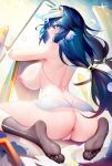  1girl absurdres animal_ears arknights ass astesia_(arknights) bare_arms bare_back bare_shoulders binggong_asylum bird_ears black_socks blue_hair breasts bright_pupils feather_hair feet hat highres kneehighs legs long_hair nipples no_bra no_shoes partially_visible_vulva puffy_nipples see-through socks soles solo toes twintails wet wet_clothes 