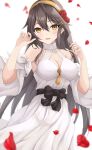  1girl black_hair breasts cleavage cosplay dress flower gensoukitan hair_flower hair_ornament hairband hairclip haruna_(kancolle) highres kantai_collection kongou_(kancolle) kongou_(kancolle)_(cosplay) long_hair medium_breasts petals rose simple_background solo white_background white_dress yellow_eyes yellow_hairband 