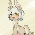  1girl animal_ear_fluff animal_ears awakez777 blush blush_stickers body_fur brown_eyes brown_fur fang furry furry_female made_in_abyss nanachi_(made_in_abyss) open_mouth rabbit_ears short_hair smile solo tail topless white_hair 