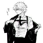  1boy black_suit blonde_hair daybit_sem_void fate/grand_order fate_(series) formal hair_over_one_eye holster looking_to_the_side male_focus monochrome necktie nobicco off_shoulder profile shirt short_hair simple_background solo suit sweatdrop white_background white_shirt 