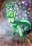  1girl absurdres aburaeoyaji animal_ears arms_behind_head barefoot blush breasts cellval collarbone colored_skin commentary_request completely_nude crossed_arms feet full_body green_hair green_skin head_wings highres kemono_friends large_breasts looking_to_the_side multicolored_hair nipples nude open_hands open_mouth red_eyes sandstar short_hair smile solo tail teeth toes upper_teeth_only wings 