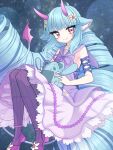  accessory amber_eyes animal_humanoid blue_hair clothing cosmic_background delmin_(show_by_rock!!) demon demon_humanoid dragon dragon_humanoid female footwear hair hi_res horn horned_humanoid humanoid legwear long_hair long_tail pantyhose plushie sanrio shoes show_by_rock!! smile solo tail 