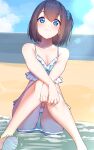  1girl bare_arms bare_legs bare_shoulders beach bikini black_hair blue_bikini blue_eyes blue_scrunchie blue_sky breasts cleavage closed_mouth cloud commentary_request day frilled_bikini frills hair_between_eyes hair_ornament hair_scrunchie highres knees_together_feet_apart knees_up looking_at_viewer medium_breasts one_side_up original outdoors sand scrunchie sky smile solo suzunari_shizuku swimsuit water yuki_arare 