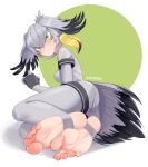  1girl absurdres ass bird_tail blush closed_mouth feet foot_focus foreshortening green_background green_eyes grey_pantyhose grey_shirt grey_shorts hair_between_eyes hand_up head_wings highres kemono_friends legs legs_together lying medium_hair multicolored_hair no_shoes on_side pantyhose shirt shoebill_(kemono_friends) short_sleeves shorts soles solo staerk stirrup_legwear streaked_hair tail thighs toeless_legwear toenails toes twitter_username two-tone_background white_background wings 