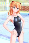  1girl absurdres black_one-piece_swimsuit blue_eyes blurry blurry_background breasts collarbone commentary_request competition_school_swimsuit covered_navel cowboy_shot hands_on_own_hips highleg highleg_swimsuit highres interface_headset neon_genesis_evangelion one-piece_swimsuit orange_hair pool school_swimsuit small_breasts solo souryuu_asuka_langley string_of_flags swimsuit takafumi two_side_up 