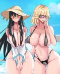  2girls :d areola_slip bare_shoulders bikini black_bikini black_hair blonde_hair blue_eyes blush breasts character_request cleavage covered_nipples earrings hat highres jewelry long_hair marishiten medium_hair multiple_girls navel red_eyes smile spy_x_family sun_hat sunglasses swimsuit yor_briar 