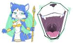  2023 anthro blue_body blue_fur breasts canid canine cleavage clothed clothing countershade_face countershade_torso countershading dipstick_tail fangs female fox fur gaping_mouth krystal lecigzz mammal markings mouth_shot nintendo open_mouth solo staff star_fox tail tail_markings teeth tongue uvula white_body white_fur 
