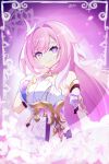  1girl bare_shoulders closed_mouth commentary dress elysia_(herrscher_of_human:ego)_(honkai_impact) elysia_(honkai_impact) flower hair_between_eyes hair_intakes hand_up highres honkai_(series) honkai_impact_3rd long_hair looking_at_viewer macaroni_0101 pink_hair purple_eyes signature smile solo strapless strapless_dress very_long_hair white_dress white_flower 