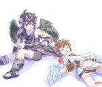  2boys angel angel_wings armband armlet black_hair black_wings brown_hair closed_eyes dark_pit drooling feathered_wings kid_icarus kid_icarus_uprising laurel_crown looking_at_another lying male_focus multiple_boys nopepe pit_(kid_icarus) red_eyes siblings simple_background sitting sleeping twins white_background white_wings wings 