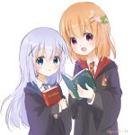  2girls :d :o black_robe blue_eyes blue_hair blush book collared_shirt commentary_request copyright_name diagonal-striped_necktie gochuumon_wa_usagi_desu_ka? grey_jacket grey_sweater gryffindor hair_between_eyes hair_ornament hairclip harry_potter_(series) hogwarts_school_uniform holding holding_book hoto_cocoa jacket kafuu_chino light_blue_hair long_hair long_sleeves looking_at_viewer matching_outfits mozukun43 multiple_girls necktie open_mouth orange_hair partial_commentary purple_eyes robe school_uniform shirt short_hair sidelocks simple_background smile standing striped_necktie sweater twitter_username two-tone_necktie upper_body white_background white_shirt wizarding_world x_hair_ornament 