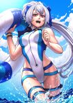 1girl blue_bow bow fate/grand_order fate_(series) grey_hair highleg highleg_swimsuit highres innertube long_hair ocean one-piece_swimsuit ponytail red_eyes substance20 swimsuit thigh_strap tomoe_gozen_(fate) tomoe_gozen_(swimsuit_saber)_(fate) water wristband 