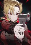  1girl absurdres aiming angelica_rafa_redgrave black_shirt blonde_hair breasts closed_mouth commission english_commentary finger_on_trigger gun handgun highres holding holding_gun holding_weapon jacket jewelry large_breasts long_hair long_sleeves otome_gee_sekai_wa_mob_ni_kibishii_sekai_desu pixiv_commission red_eyes red_jacket red_pupils ring shedar shirt solo upper_body weapon 