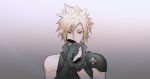  1boy armor asymmetrical_arms black_feathers black_gloves blonde_hair cloud_strife elbow_gloves expressionless feathers final_fantasy final_fantasy_vii gloves gradient_background green_eyes hao_xiang_yishui_bu_xing high_collar highres holding holding_feather male_focus messy_hair pauldrons short_hair short_sleeves shoulder_armor single_elbow_glove single_pauldron solo 