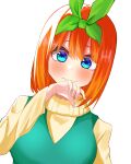  1girl airo blue_eyes blush casual closed_mouth commentary_request dutch_angle eyebrows_hidden_by_hair go-toubun_no_hanayome green_ribbon hair_between_eyes hair_ribbon hand_up highres long_sleeves looking_at_viewer medium_hair nakano_yotsuba orange_hair partial_commentary ribbon shy sidelocks simple_background solo straight_hair sweater turtleneck upper_body wavy_mouth white_background yellow_sweater 