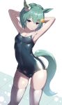  absurdres animal_ears armpits arms_behind_head black_one-piece_swimsuit breasts competition_school_swimsuit ear_covers highres horse_ears horse_girl horse_tail one-piece_swimsuit saikuu school_swimsuit seiun_sky_(umamusume) shiny_clothes single_ear_cover small_breasts swimsuit tail thighhighs umamusume white_thighhighs 