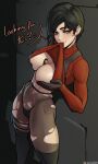  1girl absurdres ada_wong between_breasts black_gloves black_hair black_panties breasts covered_nipples gloves highres large_breasts long_sleeves looking_at_viewer mouth_hold panties pantyhose resident_evil resident_evil_2 resident_evil_2_(remake) resident_evil_4 short_hair solo stopu sweater thighhighs torn_clothes torn_pantyhose turtleneck turtleneck_sweater underwear 