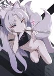 1girl absurdres ahoge animal_ears ass bare_shoulders blue_archive bottomless erory6_(ro) eyeliner flat_chest fox_ears fox_tail grey_eyes grey_hair highres kiseru kuzunoha_(blue_archive) long_hair looking_at_viewer lying makeup multiple_tails navel on_side smoking_pipe solo tail 