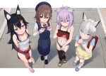  4girls aged_down ahoge animal_ear_fluff animal_ears black_hair bone_hair_ornament braid brown_eyes brown_hair cat_ears cat_girl clothes_around_waist clothes_lift clothes_pull crime_prevention_buzzer dog_ears dress flat_chest fox_ears fox_girl hair_between_eyes hair_ornament highres hololive hololive_gamers inugami_korone long_hair looking_at_viewer midriff multicolored_hair multiple_girls naughty_face nekomata_okayu ookami_mio open_mouth purple_eyes purple_hair red_hair shirakami_fubuki shirt shirt_lift short_hair short_shorts shorts single_braid skirt stoner08 streaked_hair sweater sweater_around_waist tank_top thighhighs twin_braids virtual_youtuber white_hair wolf_ears wolf_girl 